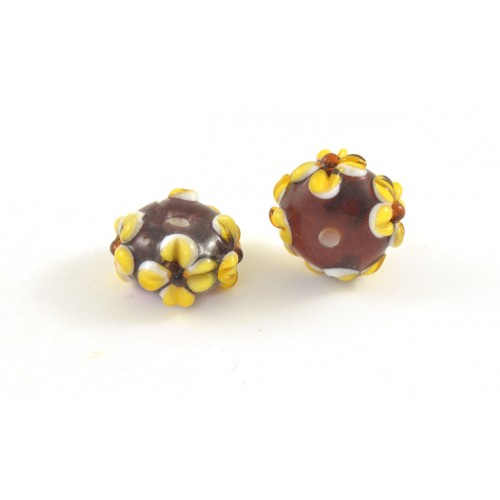 FLAT ROUND 15MM GLASS BEAD BROWN WITH FLOWERS
